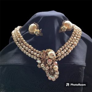 Miriam Haskell Gorgeous Vintage Three Strand Necklace and Earrings.